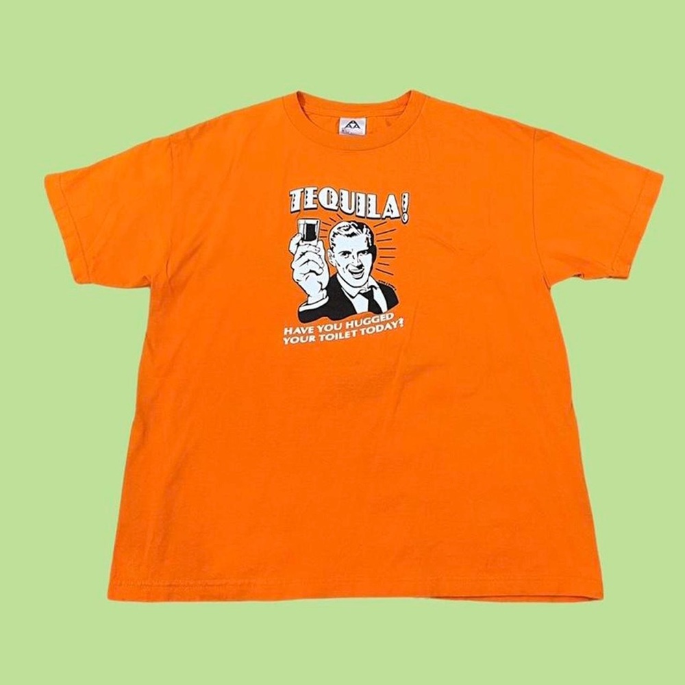 2000s Vintage y2k Graphic Text Funny Orange Tequila College short sleeve shirt